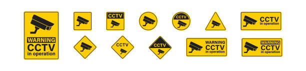 ilustraciones, imágenes clip art, dibujos animados e iconos de stock de cctv establece el icono de banners planos sobre fondo blanco. vector del sistema de tecnología de valores - silhouette security staff spy security