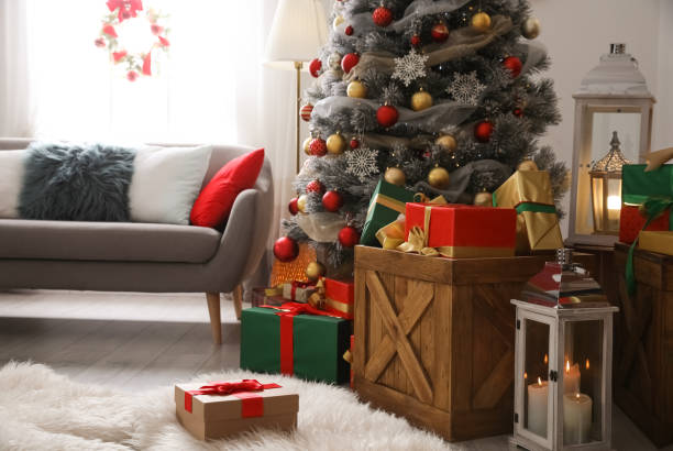 istock Beautiful Christmas tree in living room. Festive interior 1366943601