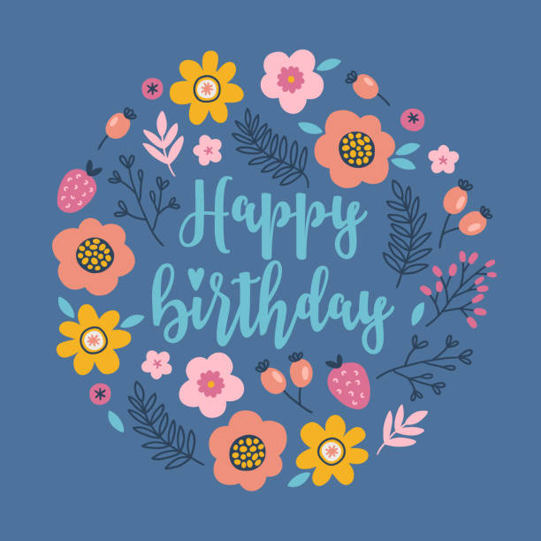 Birthday greeting card with flower, berry, strawberry, leaves, branches Birthday greeting card with flower, berry, strawberry, leaves, branches on blue background. Circle ornament. Perfect for kids party, nursery, holidays. Vector illustration birthday card stock illustrations