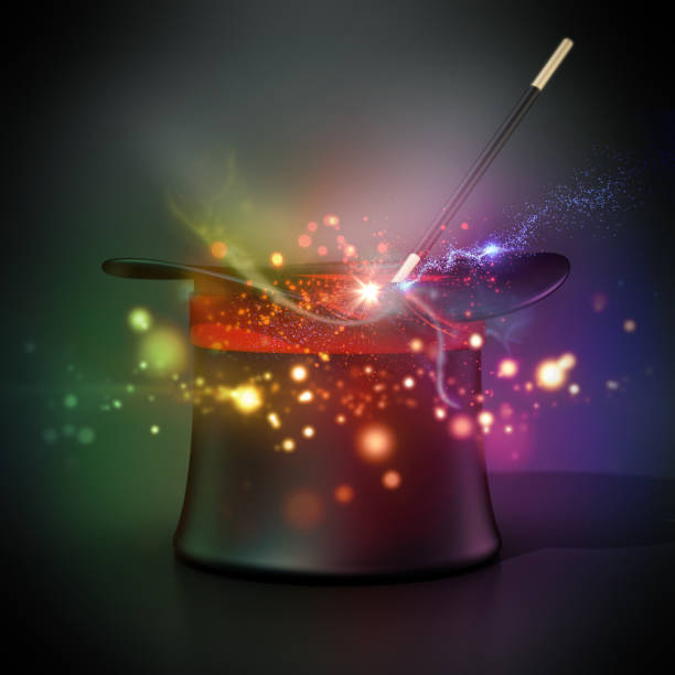 Sparkles and magic effects around magician hat standing on black surface.