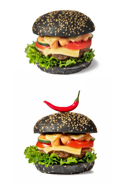 istock Beef burgers with chilli pepper and classic burger with black bread.Collection on white isolated background. 1366947106