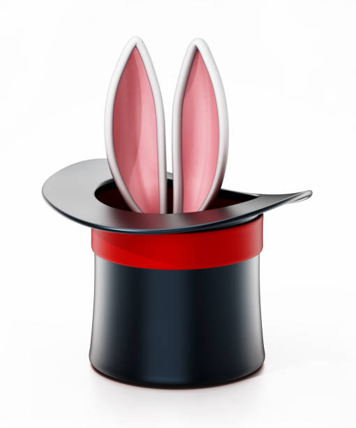 Magician top hat and rabbit ears isolated on white.