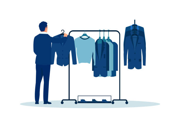 양복을 선택하는 옷과 랙 근처 사업가의 벡터 - coat hook stock illustrations