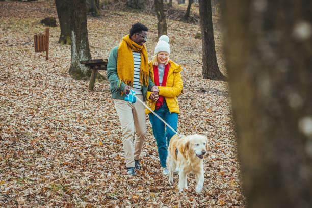 istock Couple with pet dog relaxing while hiking at forest. 1366948800