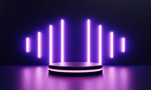 istock Modern product showcase sci-fi podium with pink glowing light neon background. Technology and object concept. 3D illustration rendering 1366950321