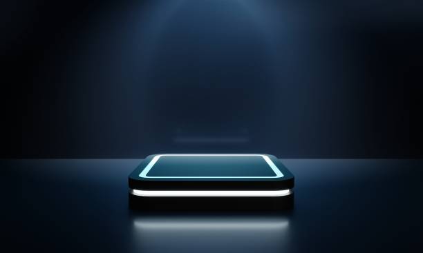 istock Modern product showcase sci-fi podium with blue green glowing light neon background. Technology and object concept. 3D illustration rendering 1366950441