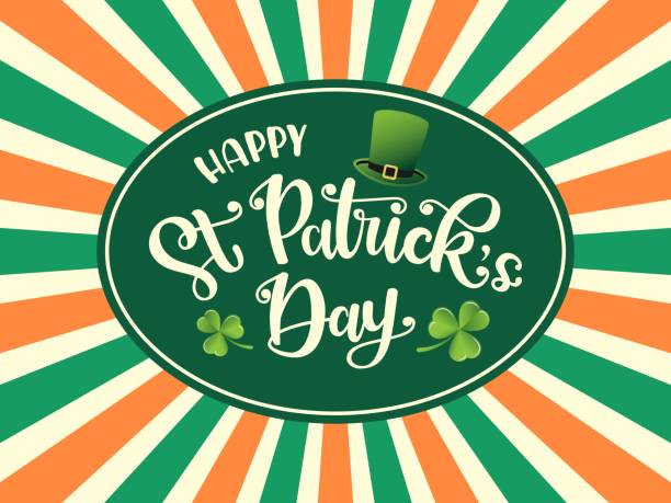 ilustrações de stock, clip art, desenhos animados e ícones de happy st. patricks day quote. vector illustration. hand drawn lettering, leprechauns hat, clovers on sunburst background in orange green colors. poster, greeting card, logo, banner for irish holiday - st patricks day