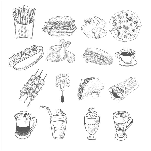 illustrations, cliparts, dessins animés et icônes de une collection de restauration rapide dans le style d’un croquis gravé - croustillant