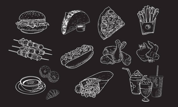 kolekcja fast foodów w stylu grawerowanego szkicu na tablicy z kredą - burger hamburger cheeseburger fast food stock illustrations