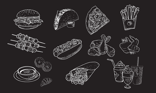 A collection of fast food in the style of an engraved sketch on a blackboard with chalk