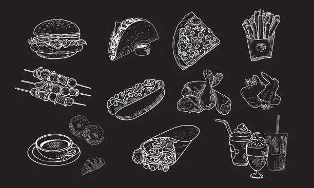 Vector illustration of A collection of fast food in the style of an engraved sketch on a blackboard with chalk