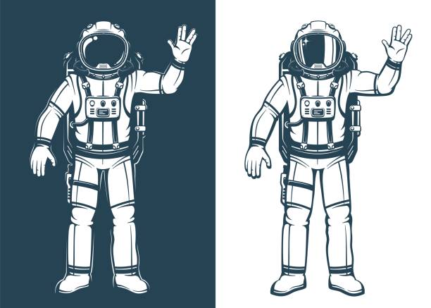 Cosmonaut shows the Vulcan salutation hand gesture Cosmonaut shows the Vulcan salutation hand gesture. Astronaut in spacesuit waves his hand. Vector retro illustration. vulcan salute stock illustrations