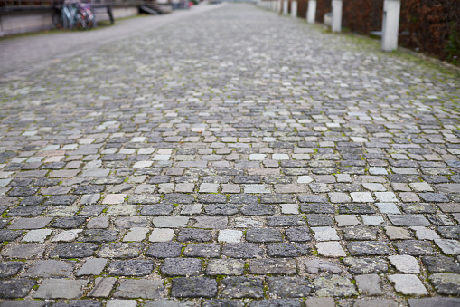 Cobblestone road, shallow depth of field.