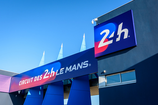 Le Mans, France - October 14, 2021: Low angle view of the gateway of the circuit of the 24 hours of Le Mans where the worldwide famous endurance sports car and motorcycle races take place.