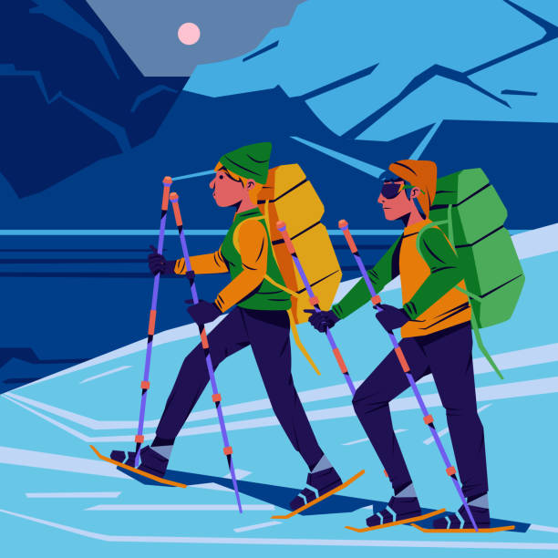 ilustrações, clipart, desenhos animados e ícones de design plano pessoas snowshoeing ilustração vector ilustração - snowshoeing winter sport snowshoe hiking