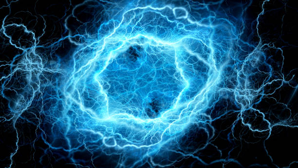 blue glowing dual circular lightning abstract background - blue plasma flash imagens e fotografias de stock