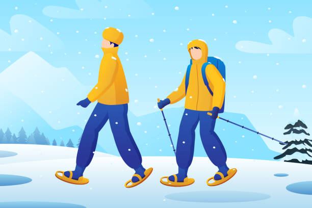 ilustrações, clipart, desenhos animados e ícones de gradiente pessoas snowshoeing ilustração vector ilustração - snowshoeing snowshoe women shoe