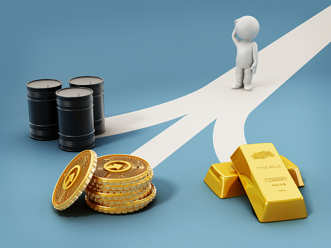 3D figure stands and tries to decide which road to follow leading to petrol, cryptocurrency and gold.