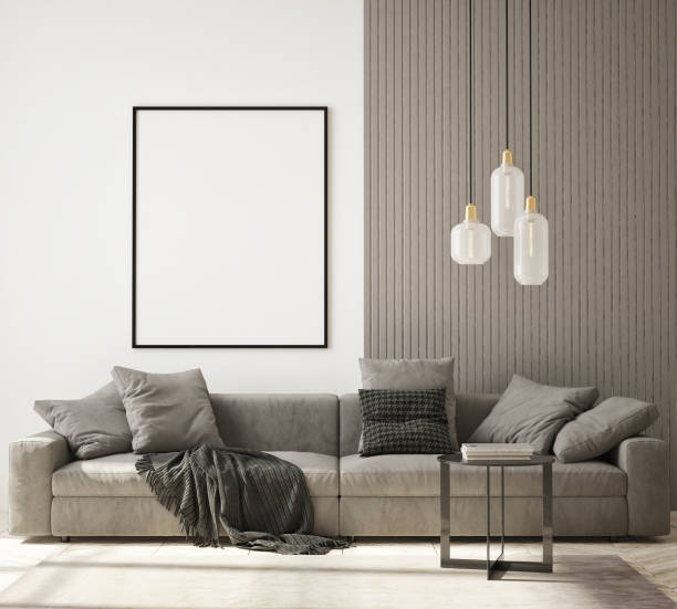 istock mock up poster frame in modern interior background, living room, Scandinavian style, 3D render, 3D illustration 1366962817