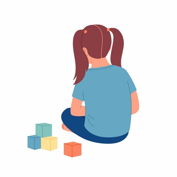 ilustrações, clipart, desenhos animados e ícones de autismo. menina se sentindo sozinha. criança brincando sozinha com cubos brinquedos. sinais precoces da síndrome do autismo em crianças - one baby girl only