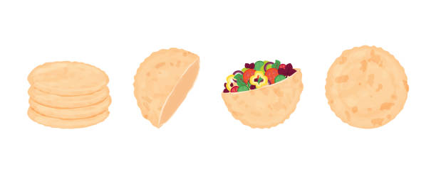 fladenbrot-set. runde tortilla gefüllt mit salat und falafel, halber kuchen, eine ganze portion und stapel frischer backwaren - tortillas stock-grafiken, -clipart, -cartoons und -symbole