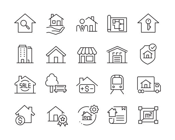 real estate icons - vector line - emlak ofisi stock illustrations