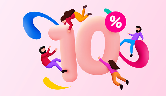 Mega sale. 10 percent discount. Special offer background with flying people. Promotion poster or banner. Vector illustration