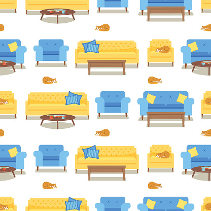 Seamless Pattern Of Chair sand Sofas With Cats On A Transparent Base
