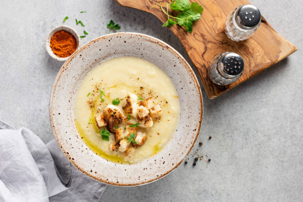 istock Cauliflower cream soup with croutons in a bowl 1366969727