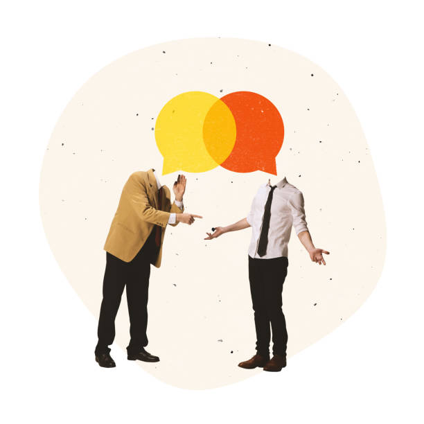 collage de arte contemporáneo. dos personas de negocios hablando, hombre dando consejos, ayuda a otro empleado - form of communication fotografías e imágenes de stock