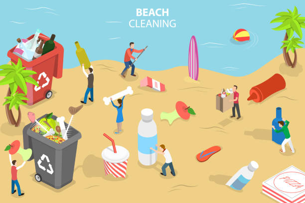 3d isometrischer flacher vektor konzeptionelle illustration der strandreinigung - isometric sea coastline beach stock-grafiken, -clipart, -cartoons und -symbole