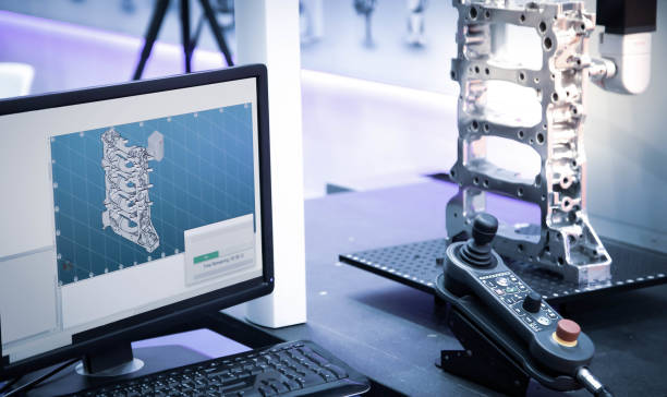 cmm inspecionando dimensão da peça do motor - cnc vehicle part quality control industry - fotografias e filmes do acervo