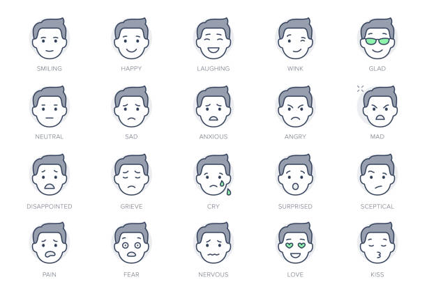 Emoticons line icons. Vector illustration include icon - mental health, worry, laugh, disappointed mood, confused, outline pictogram for man character expression. Green Color, Editable Stroke Emoticons line icons. Vector illustration include icon - mental health, worry, laugh, disappointed mood, confused, outline pictogram for man character expression. Green Color, Editable Stroke. child laughing hysterically stock illustrations