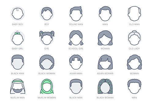 People avatar line icons. Vector illustration include icon - woman, baby, young person, grandfather, teenager, boy, toddler, adult outline pictogram for faces. Green Color, Editable Stroke.
