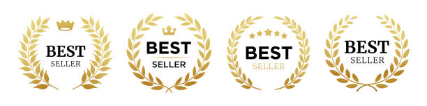 satz badge bestseller, beste wahl, bester preis, beste qualität. goldenes logo-design mit kranzlorbeer. vektor-illustration - insignia stock-grafiken, -clipart, -cartoons und -symbole