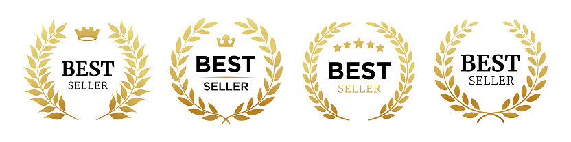 Set of badge best seller, best choice, best price, best quality. Gold logo design with wreath laurel. Vector illustration