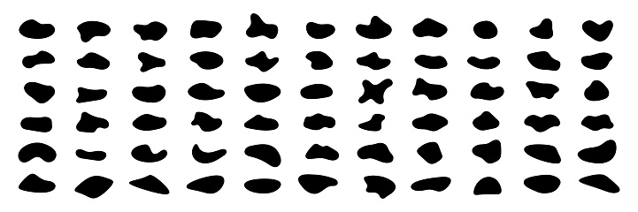 Set of different blotch shapes. Random abstract liquid shapes, round abstract organic elements. Pebble, drops and blobs silhouettes. Simple rounded shapes. Vector illustration