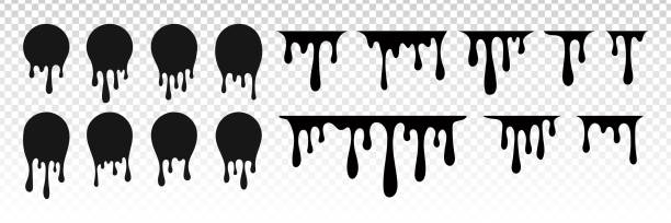 ilustrações de stock, clip art, desenhos animados e ícones de paint drips. black dripping paint flowing on transparent background. black dripping oil stain, liquid drips or paint current. vector illustration - melting