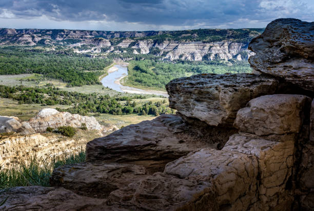 Panoramic view over the Theodor Roosevelt National Park, North Dakota Panoramic view over the Theodor Roosevelt National Park, North Dakota theodore roosevelt national park stock pictures, royalty-free photos & images