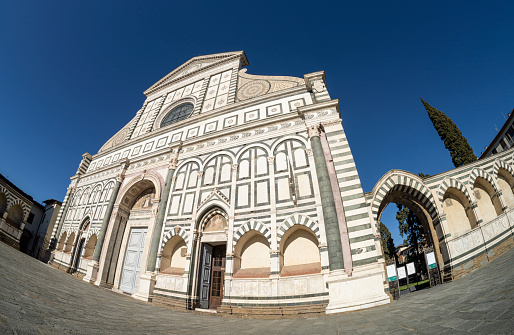 Florence Italy. January 2022. Fish eye view of the facade of the church of Santa Maria Novella in the historic center of the city.