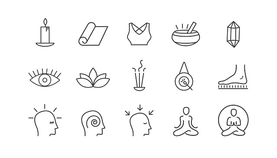 Yoga vector set. Outline icon collection for buddhist retreat, spiritual practice or Vipassana meditation. Sadhu board. Head with different mental state