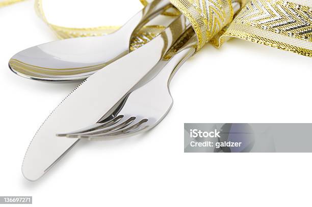 Spoon Fork And A Knife Tied Up Celebratory Ribbon Stock Photo - Download Image Now - Close-up, Colors, Cut Out