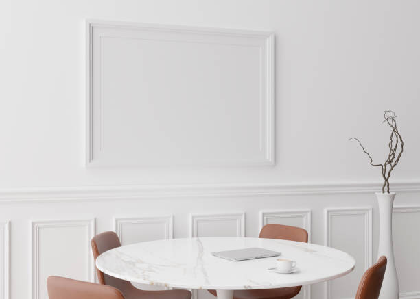istock Empty picture frame on white wall in modern dining room. Mock up interior in classic style. Free space, copy space for your picture, text, or another design. Table, chairs, vase. 3D rendering. 1366972762
