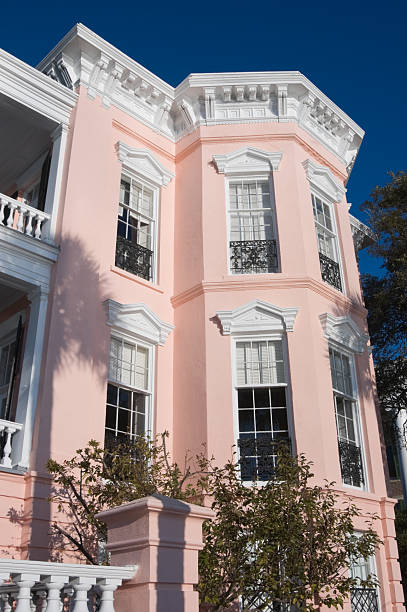 rosa e bianco house, rainbow riga, storico di charleston, carolina del sud - day vertical palmetto south carolina foto e immagini stock