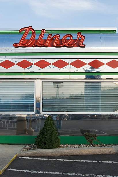 istock Red Neon Diner Sign on Chrome 1950's Retro Restaurant 136697376