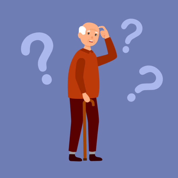 illustrazioni stock, clip art, cartoni animati e icone di tendenza di uomo smemorato che tiene la mano alla testa in un design piatto. dimenticanza. l'anziano anziano ha il morbo di alzheimer. - senior adult retirement question mark worried