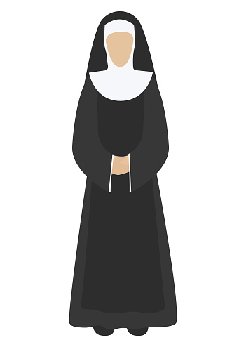 Nun in black Flat style. Vector illustration. Isolated on a white background