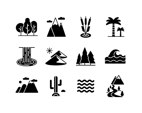 Vector nature glyph icons set. desert, mountains, forest, river, sea, lake. Graph symbol for travel and tourism web site and apps design, logo, app, UI