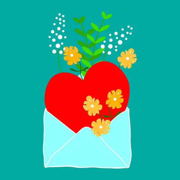 Vector illustration of Festive card from an envelope with a heart and flowers. Lovely congratulations