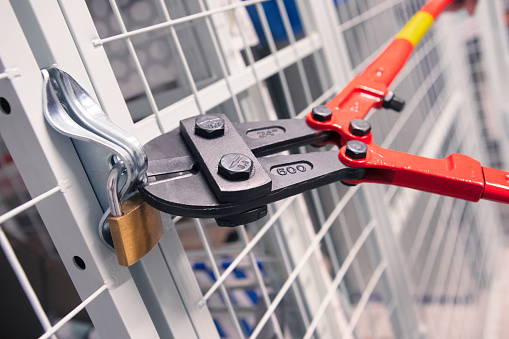 Close up of a person breaking a padlock with a bolt cutter at a basement storage room door.